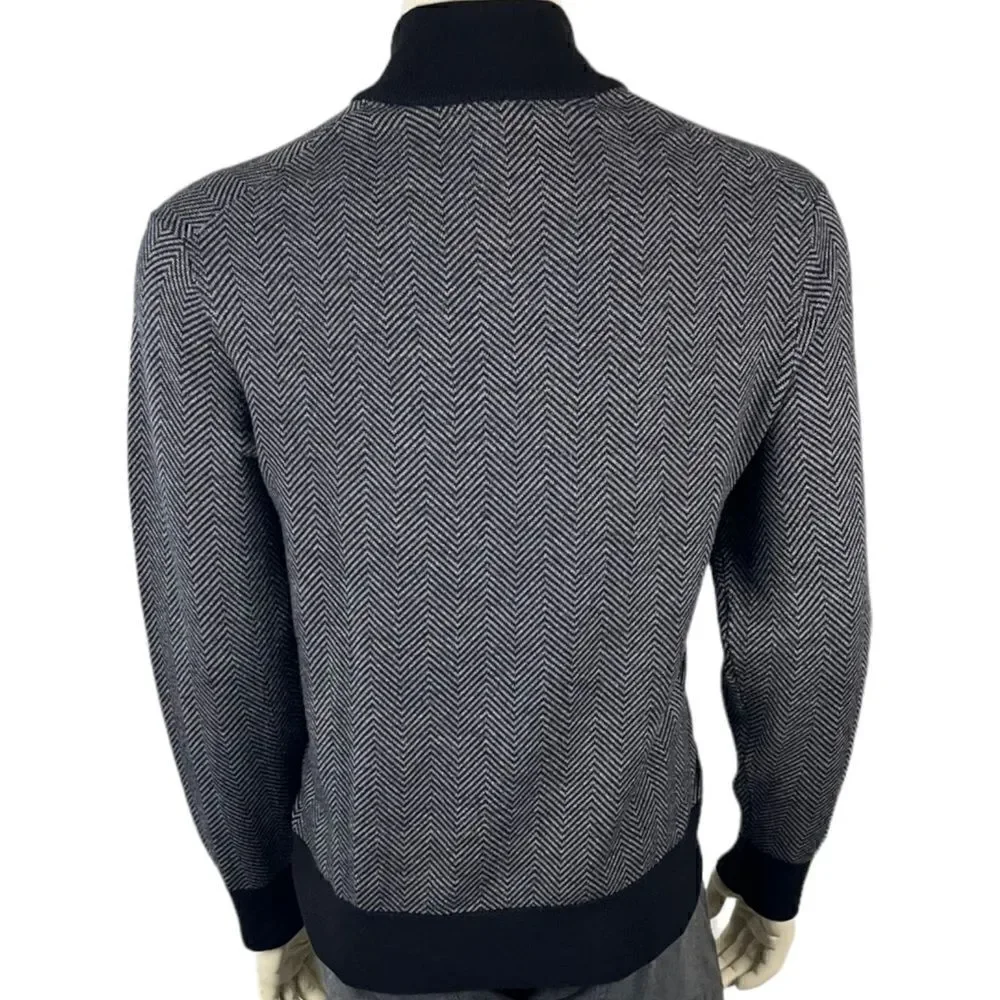 Cremieux Classics Zip Front Pullover in Gray/Black Chevron 100% Merino Wool Sz L